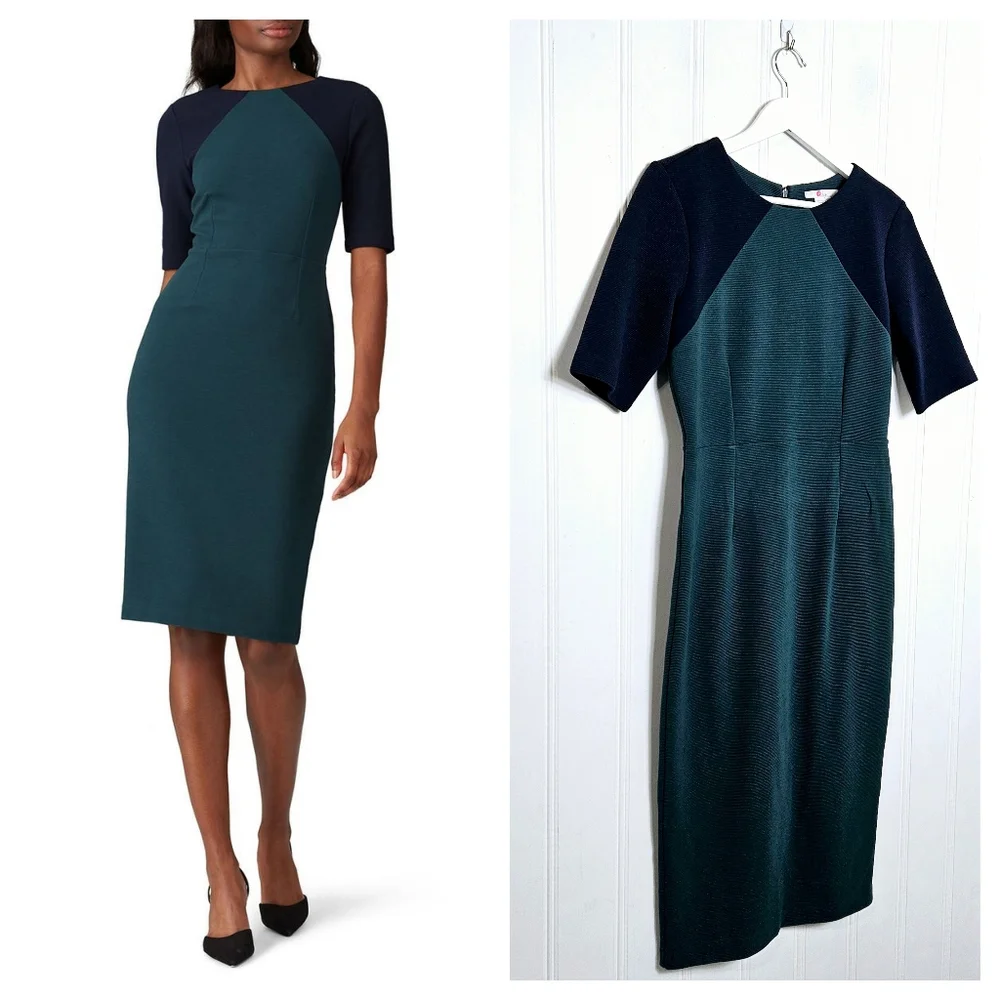 Boden Poppy Ponte Colorblock Dress 6L Green Navy Sheath Work Career Midi